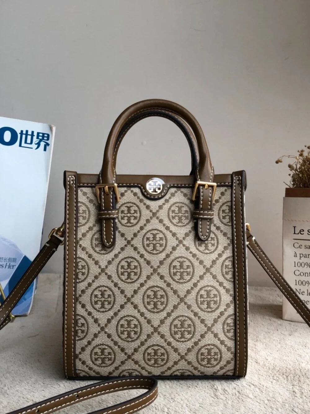 Vintage Monogram Canvas Mini Tote Crossbody Bag Brown Leather Trim Top Handles
